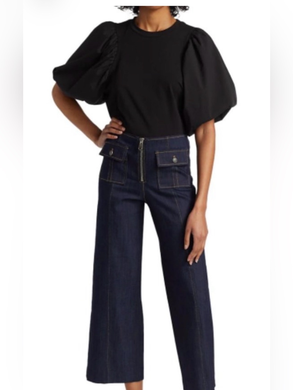 Cinq a Sept 'Moda' Mixed-Media Puff-Sleeve Top, Black S